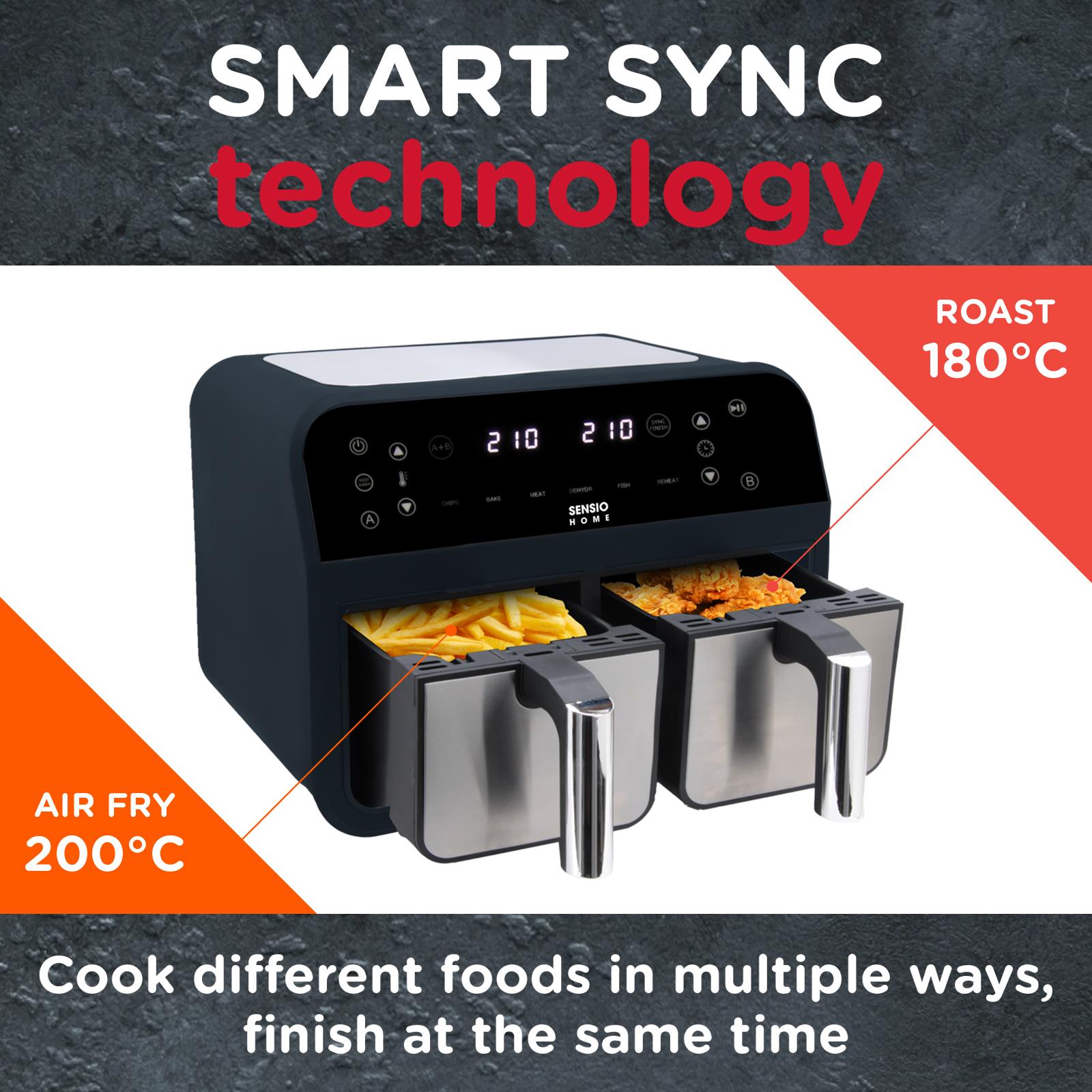 Sensio Home Dual Basket Zone Large 8L Air Fryer, 8 in 1 with Smart Sync Finish, 2400W