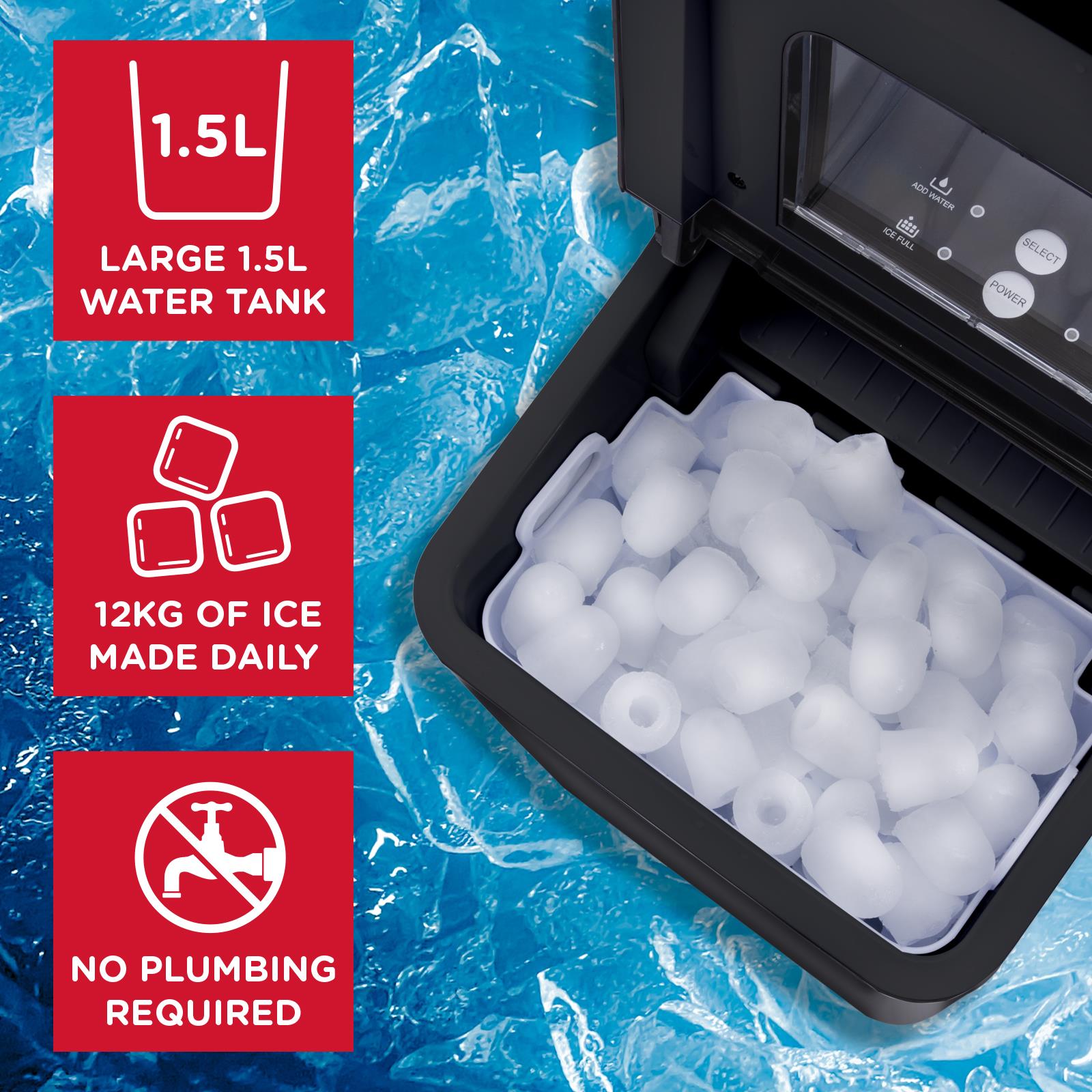 Sensio Home Ice Cube Maker Countertop Machine 9 Ice Cubes in Minutes, 12KG of Ice in 24 Hours, Large & Small Ice
