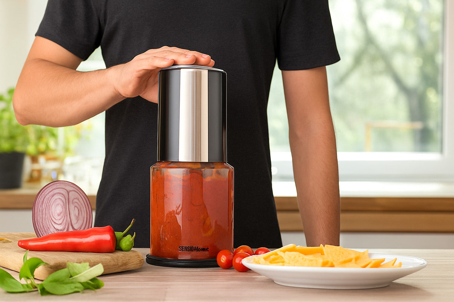 Person using a spice grinder with ingredients on a kitchen counter