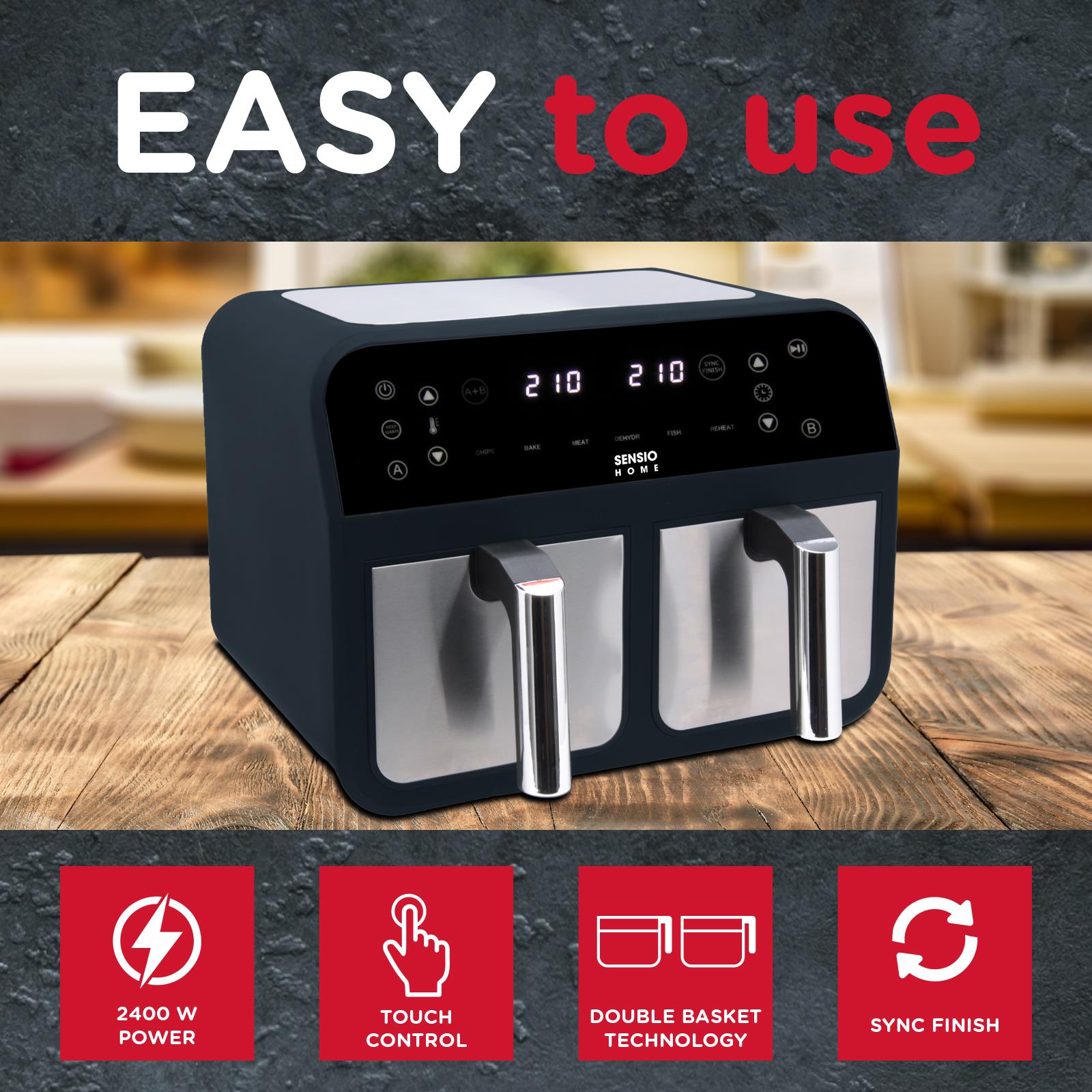 Sensio Home Dual Basket Zone Large 8L Air Fryer, 8 in 1 with Smart Sync Finish, 2400W
