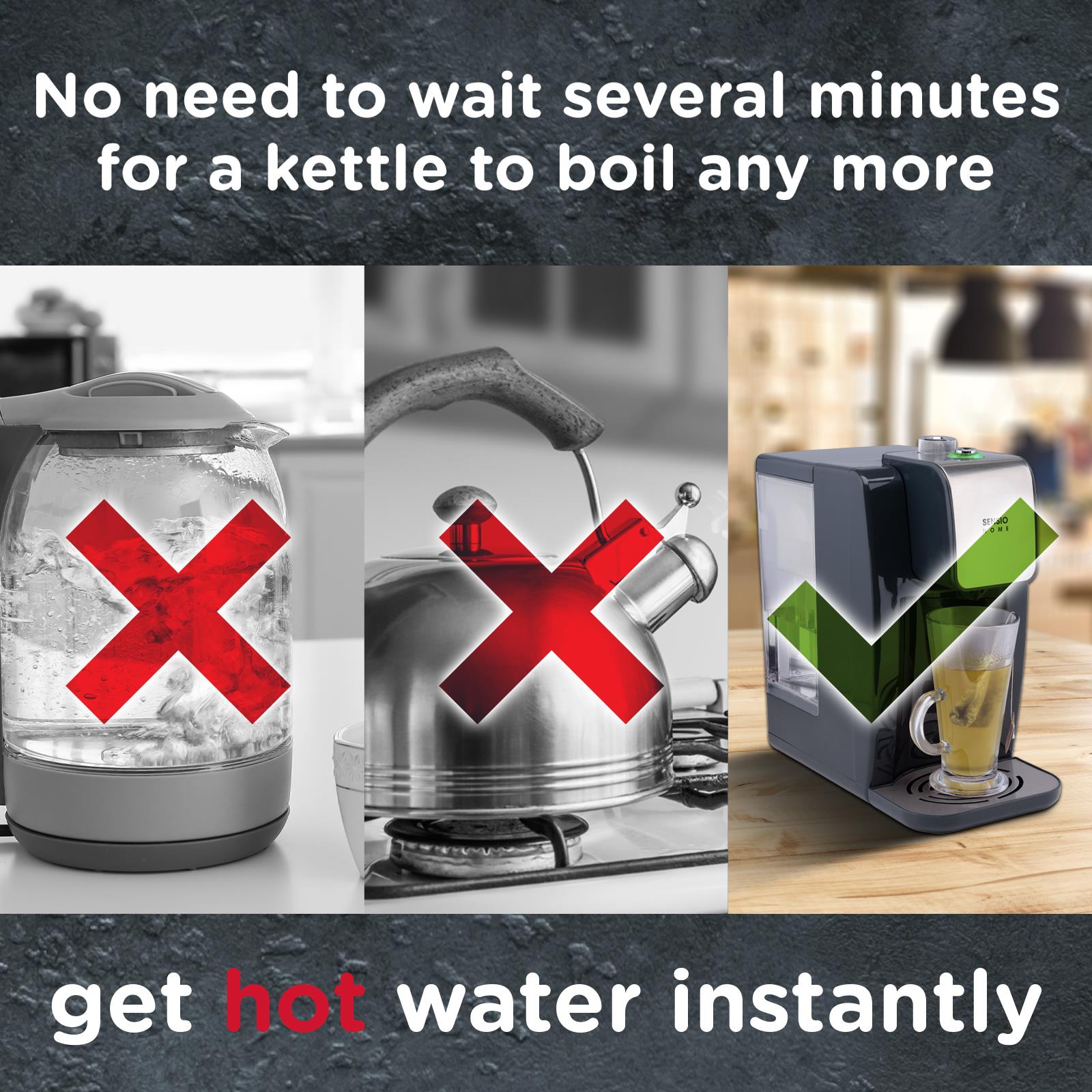 Sensio Home Instant Hot Water Dispenser - Integrated Water Filter - Variable Temperature Control – 2.2L