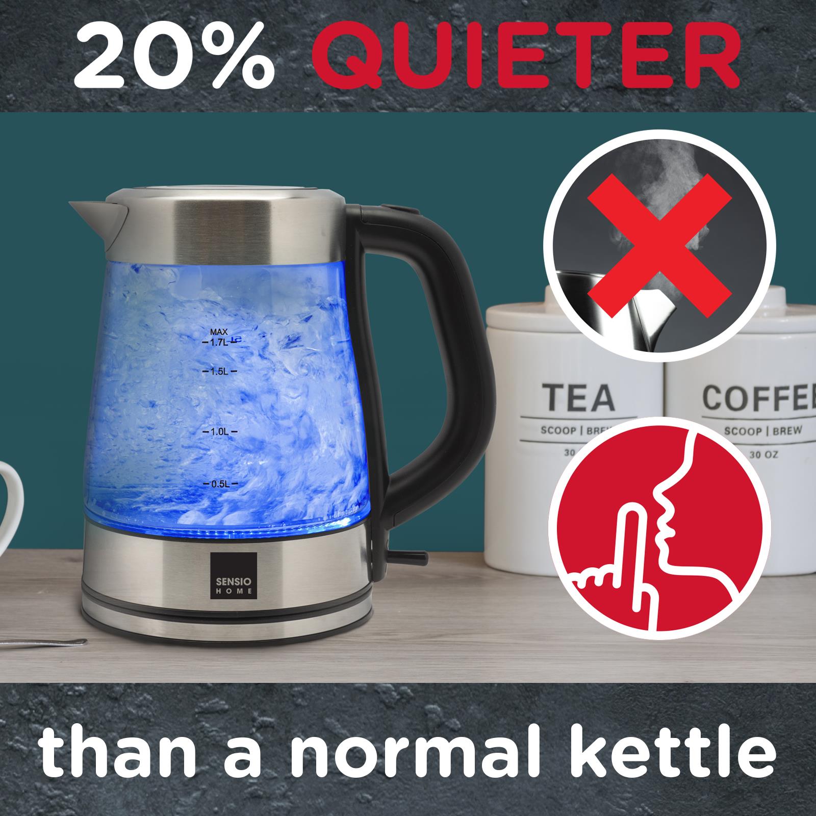 Sensio Home Electric Cordless Glass Kettle 1.7L 3000W