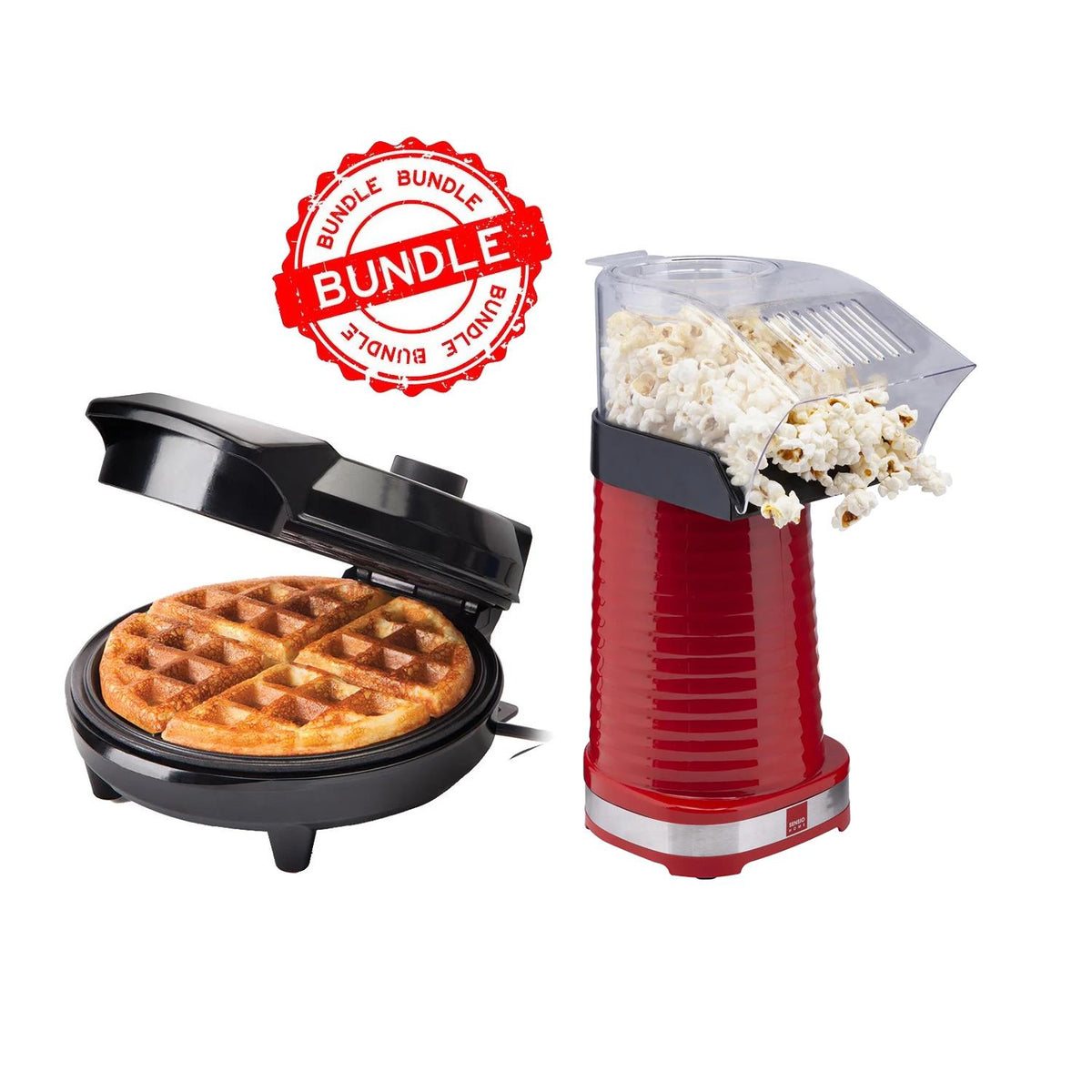 Waffle maker with a waffle and popcorn maker with popcorn on a white background - Buy Now Round Waffle Maker + Popcorn Maker
