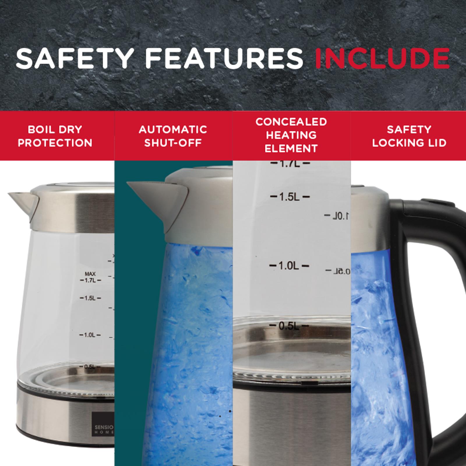 Sensio Home Electric Cordless Glass Kettle 1.7L 3000W