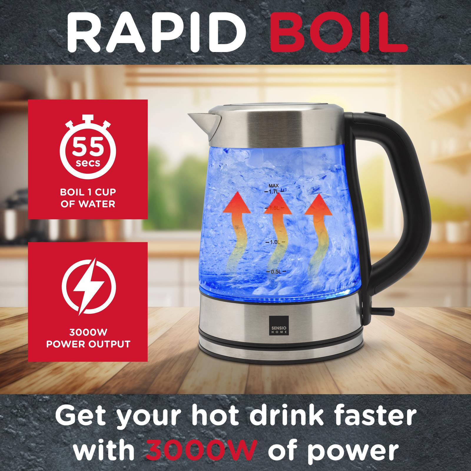 Sensio Home Electric Cordless Glass Kettle 1.7L 3000W