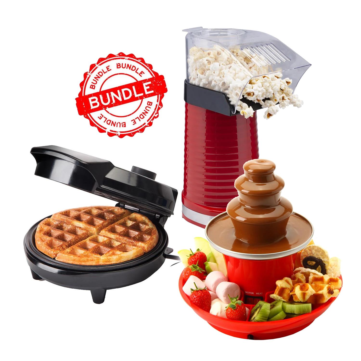Sensiohome Fun Feast – Round Waffle Maker + Mini Chocolate Fountain Fondue Set + Popcorn Maker - Value Bundle