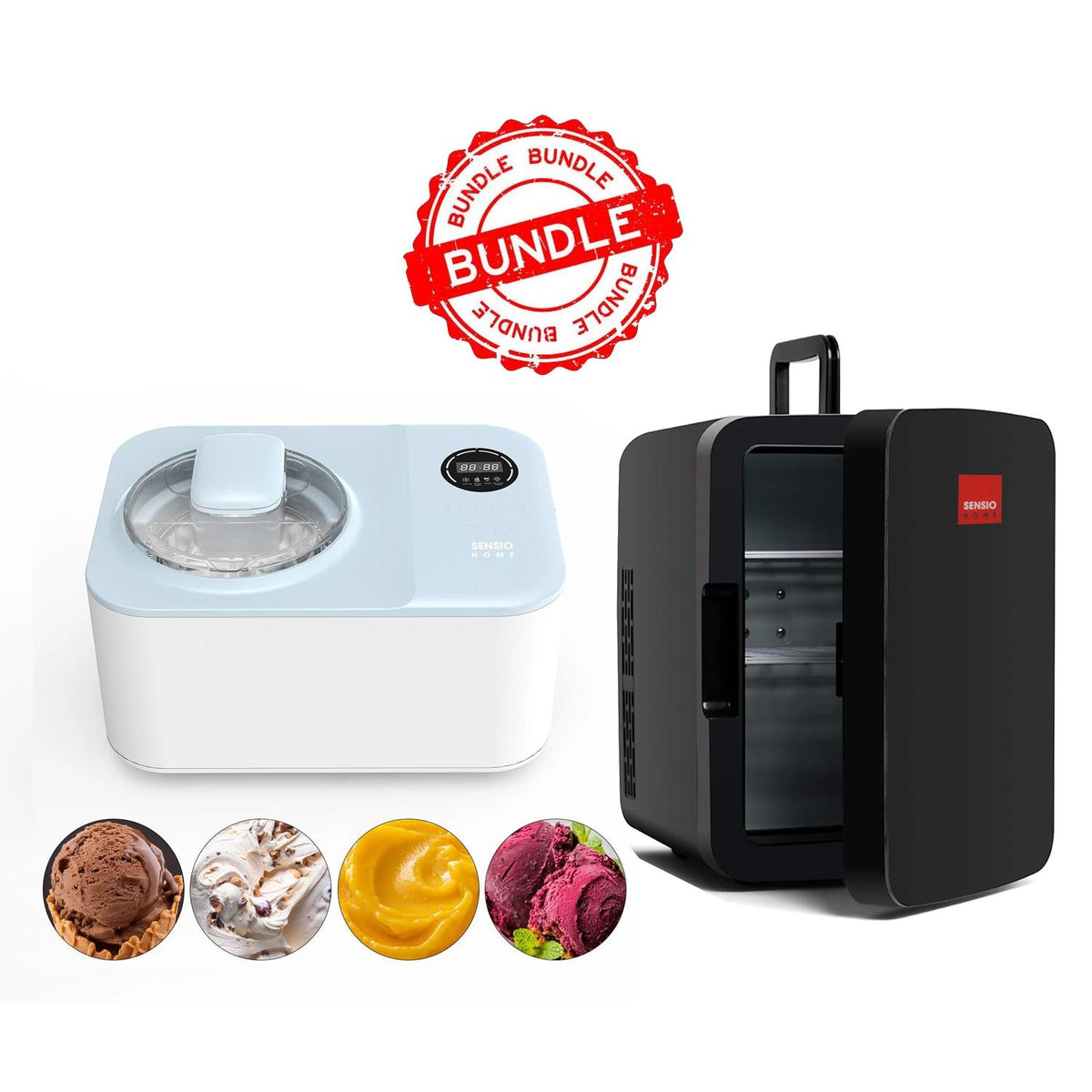Ice cream maker and freezer with ice cream samples - Buy Now Cream & Dessert Maker + Black 15L Mini Fridge