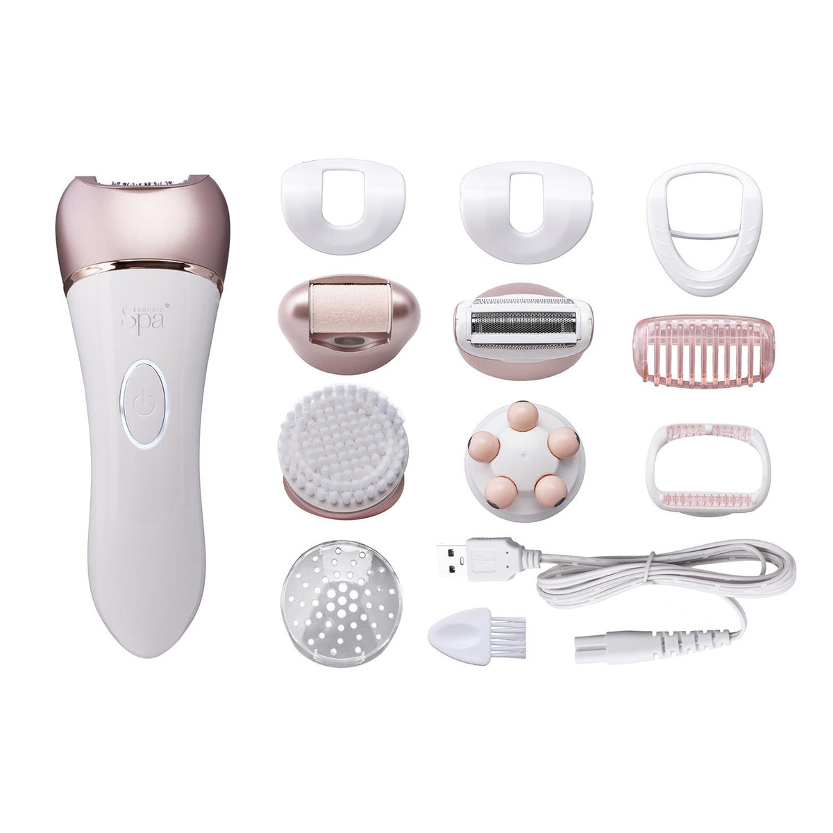 A multifunctional grooming kit including various attachments such as a shaver, epilator, and massager heads, along with a USB charging cable. - Buy Now Callus Hard Skin Remover