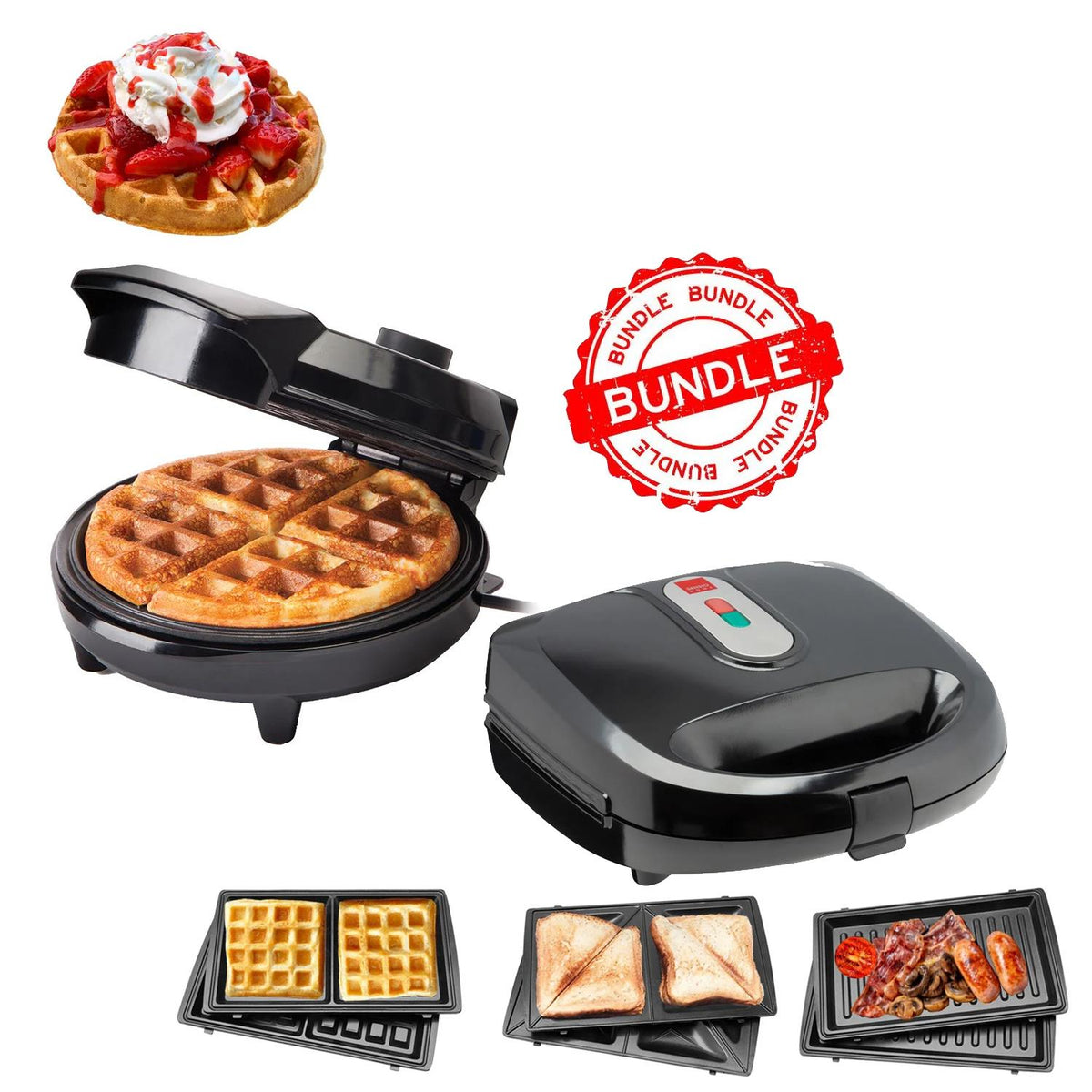 Waffle maker with open lid showing a waffle, surrounded by different types of food on trays - Buy Now Round Waffle Maker + 3 in 1 Waffle, Sandwich, Grill & Panini Maker