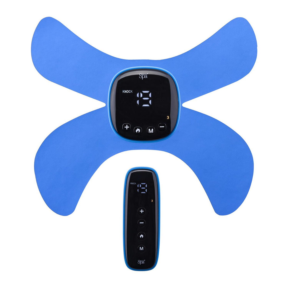 A wireless EMS and heat massager device in blue color with an adhesive pad design, including a digital control panel and a remote. - Buy Now Wireless EMS & Heat Massager - Muscle Stimulation & Relaxation