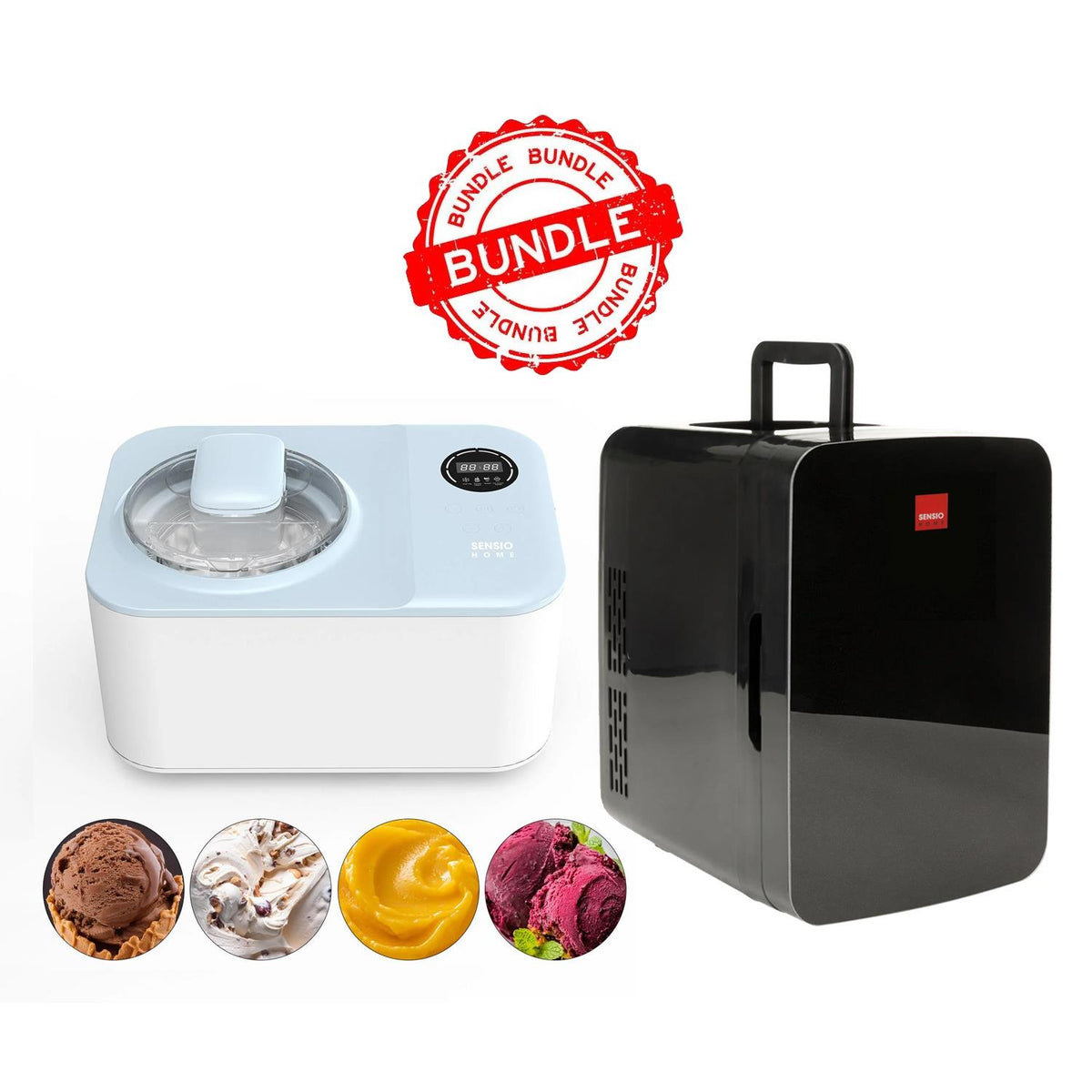 Sensiohome Freeze Fest – Icy Treats Ice Cream & Dessert Maker + Black 10L Mini Fridge - Value Bundle