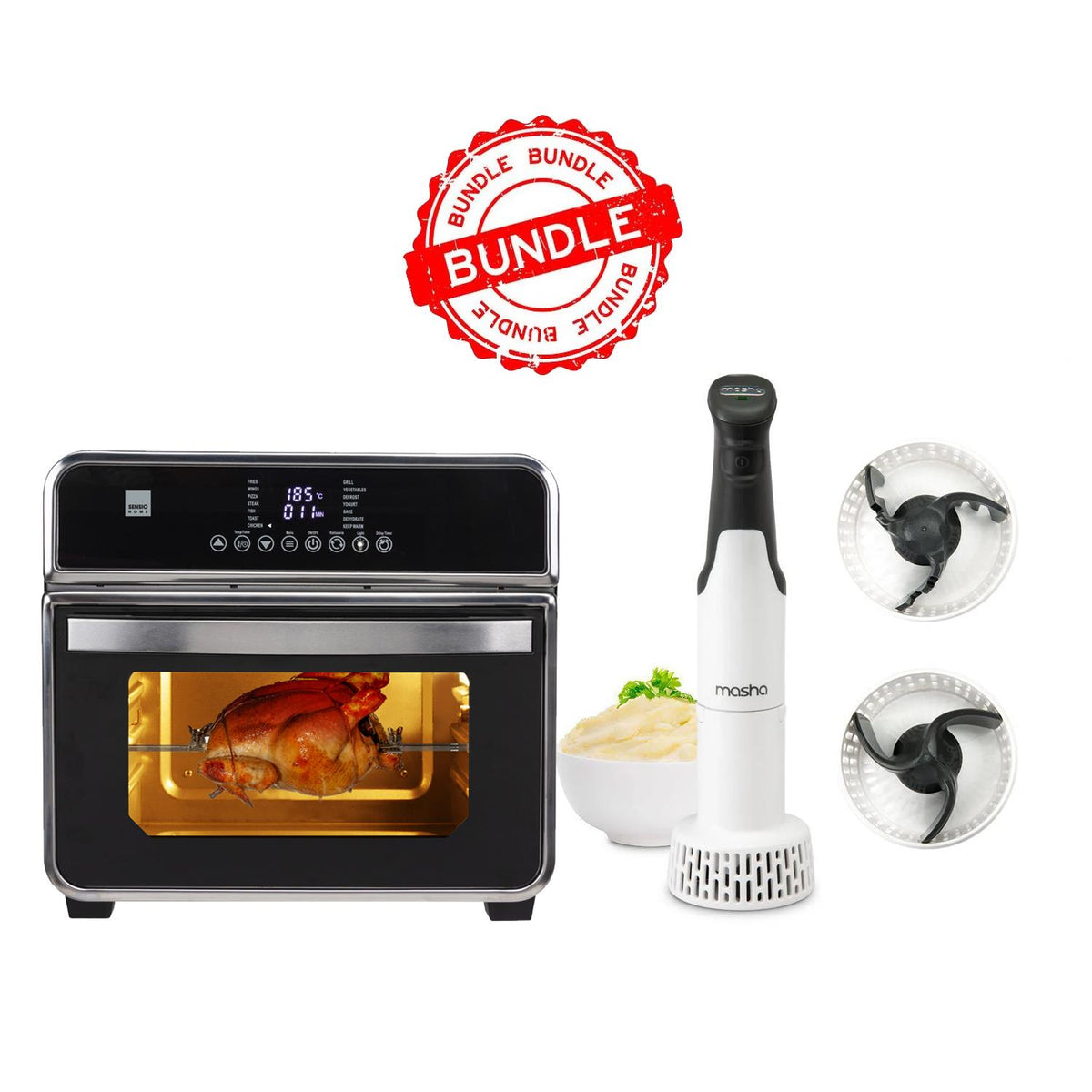 Sensiohome Mash Up – Gourmet Pro 15L Airfryer Oven + Masha Official Electric Potato Masher - Value Bundle