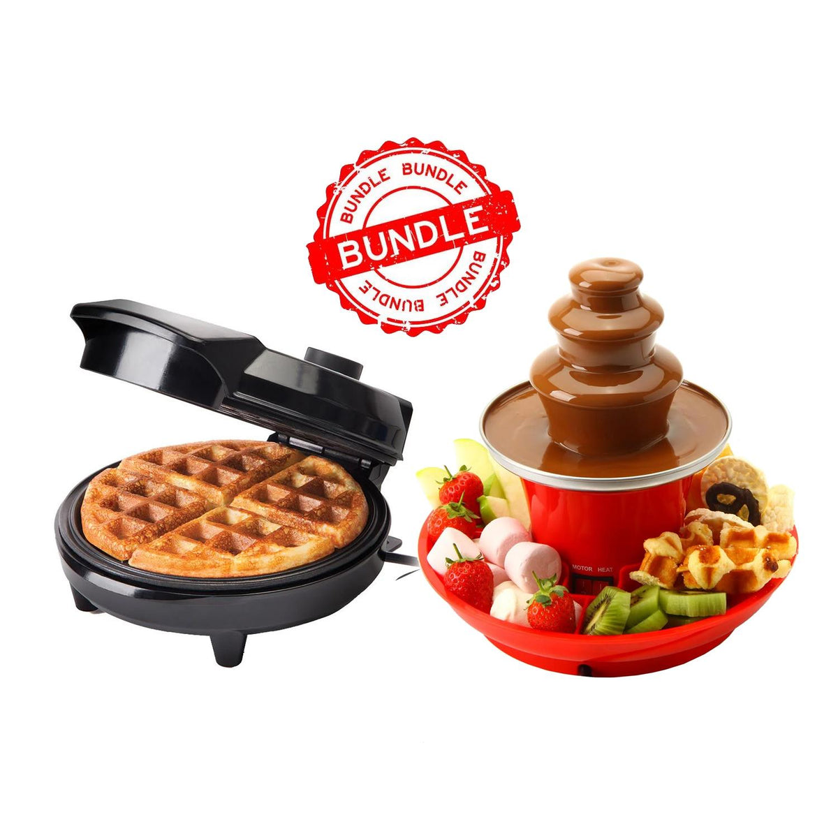 Waffle maker with a waffle and a chocolate fountain with fruits and cookies - Buy Now Round Waffle Maker + Chocolate Fountain Fondue Set Fondue Set With Party Serving Tra