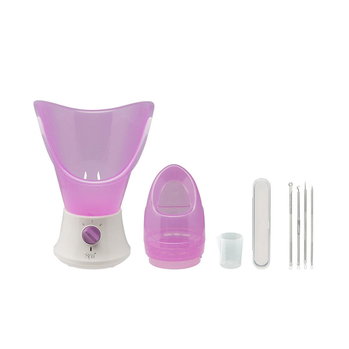 A pink Sensio Spa facial steamer and nasal inhaler set with aromatherapy pod and four beauty tools. - Facial Steamer & Nasal Inhaler with Aromatherapy Pod Buy Now