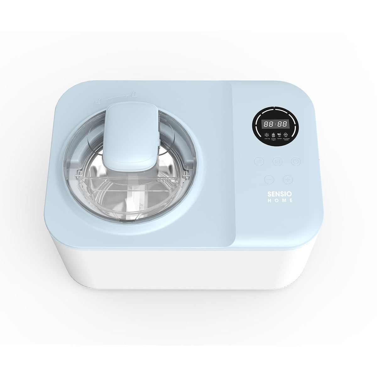 Light blue ice cream maker with digital display  - Buy Now Cream & Dessert Maker + Black 15L Mini Fridge