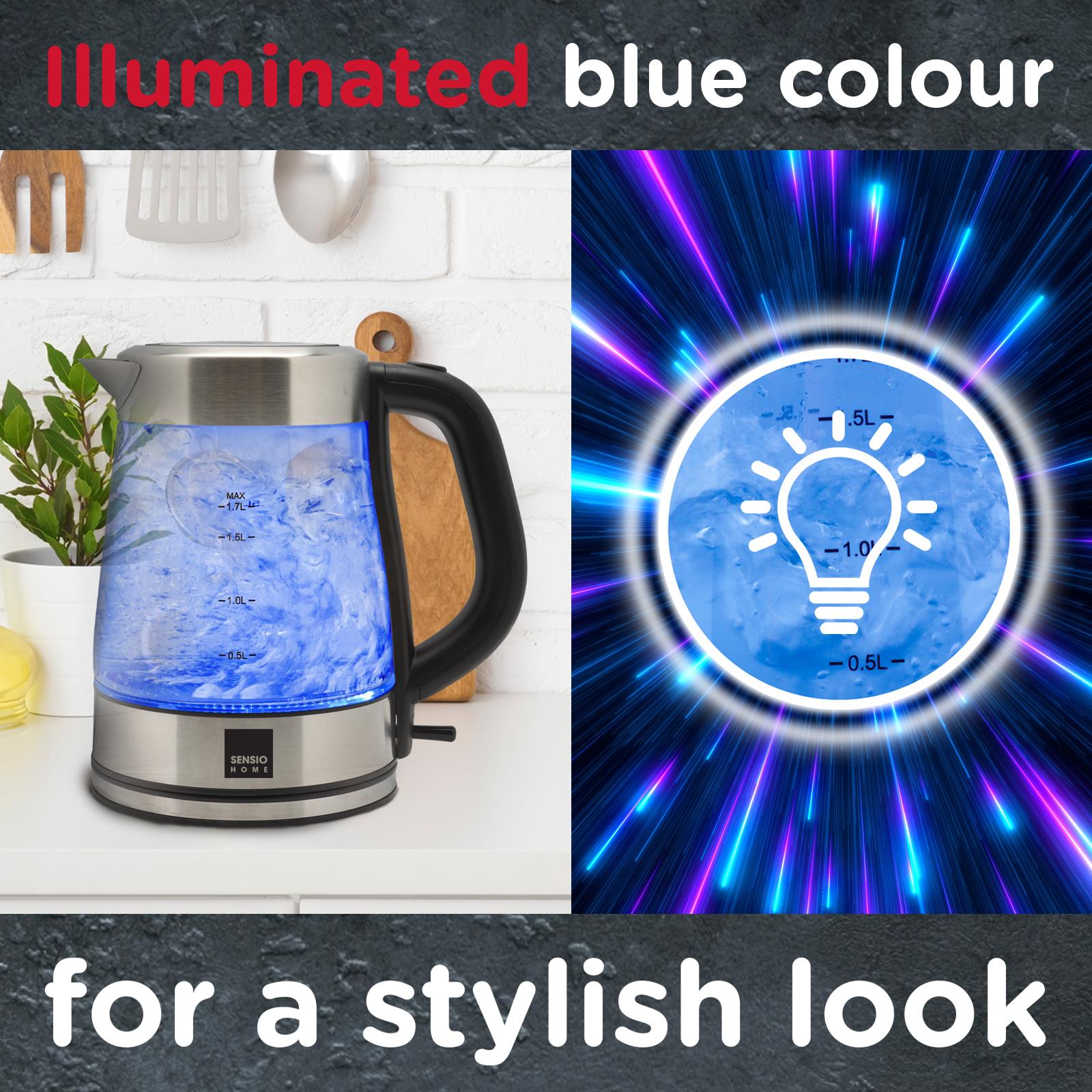 Sensio Home Electric Cordless Glass Kettle 1.7L 3000W