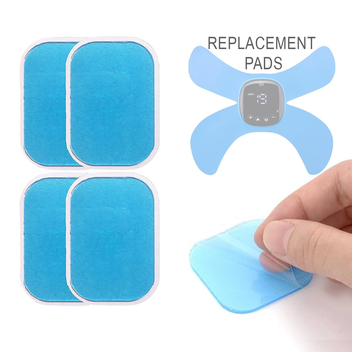 A set of blue replacement pads for a wireless EMS machine, including four outer pads and one middle pad - Buy Now Spa Replacement Pads for Wireless EMS Machine