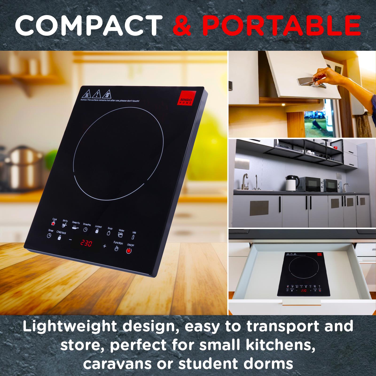Sensio Home Electric Digital Induction Hob 8 Adjustable Temperature & Power Settings, 6 Cooking Settings
