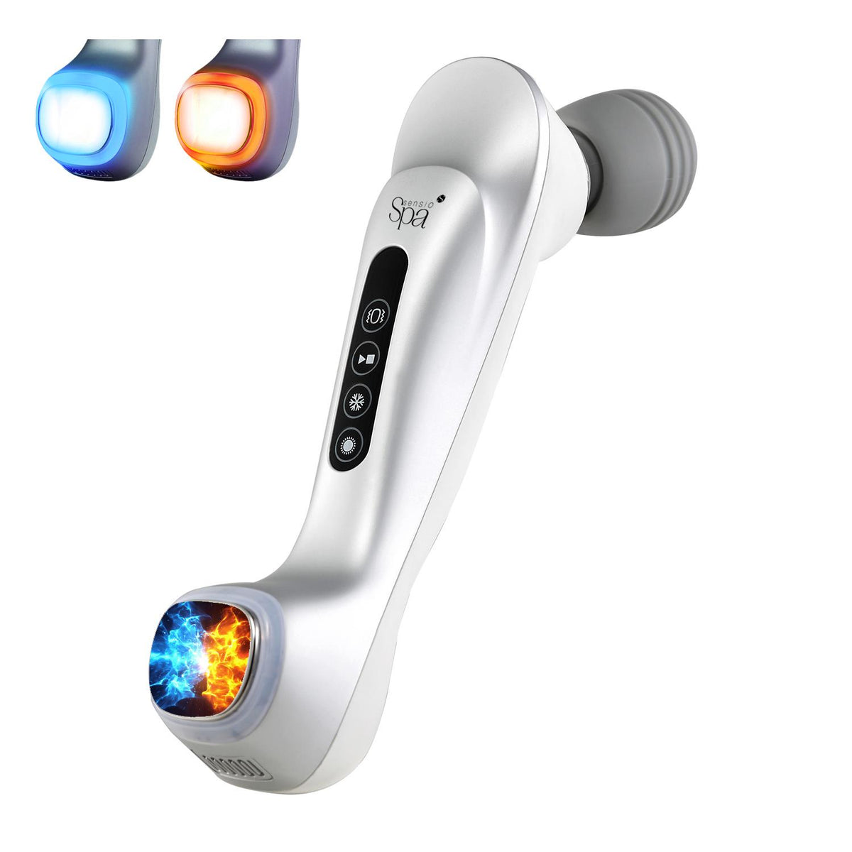 A portable handheld muscle massager with a display and buttons, featuring a round massage head and additional attachments for hot and cold therapy. - Deep Tissue Full Body & Face Massage