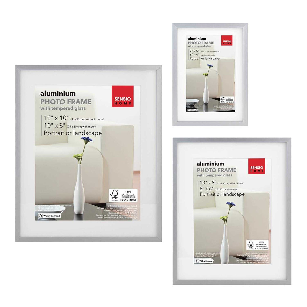 Sensio Home 3 Pack Photo Frame Aluminium Silver Various Sizes - SENSIO HOME