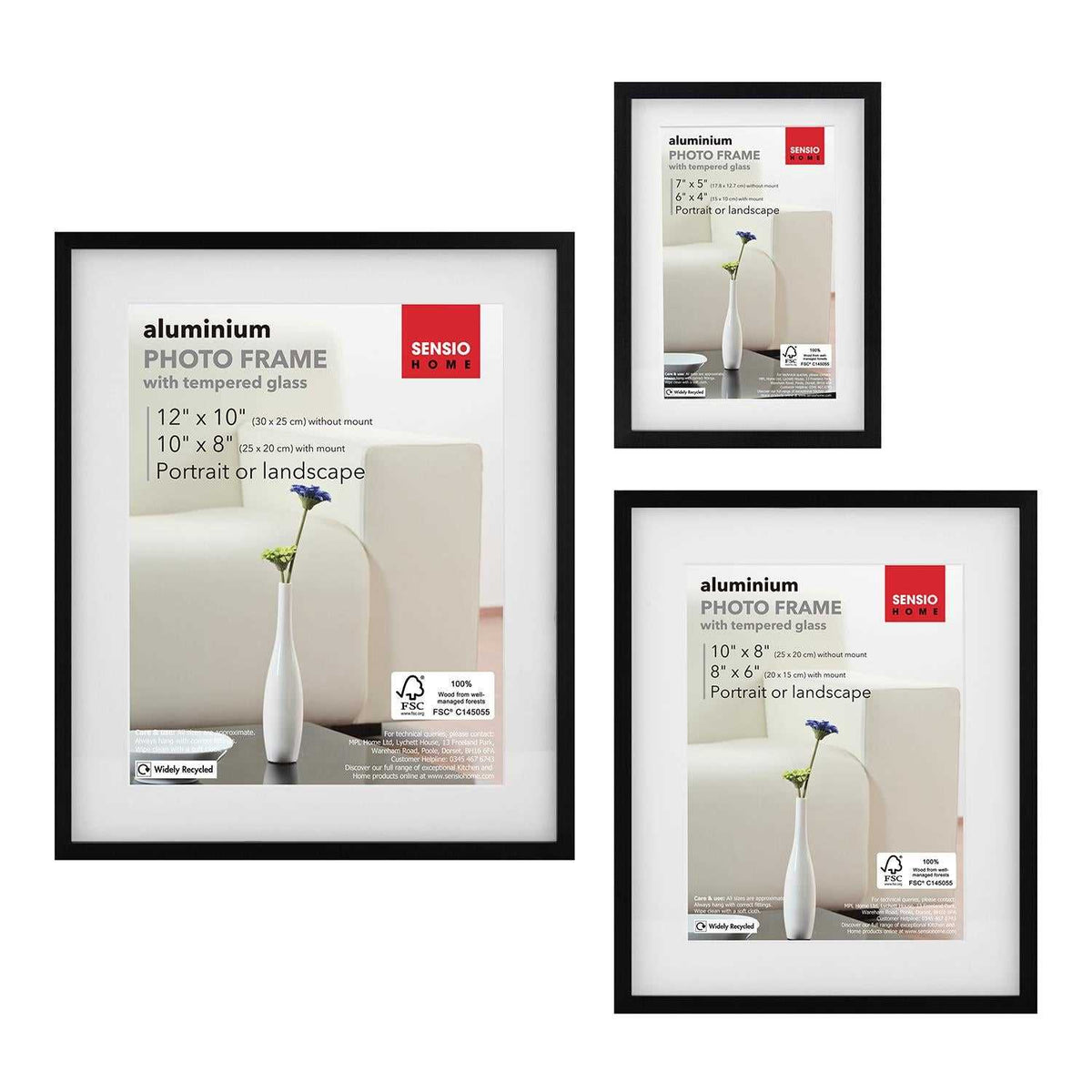 Sensio Home 3 Pack Photo Frame Aluminium Black Various Sizes - SENSIO HOME